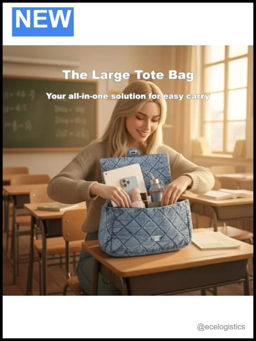 Quilted Denim Tote Bag for Women, Large Capacity Chain Crossbody Shoulder